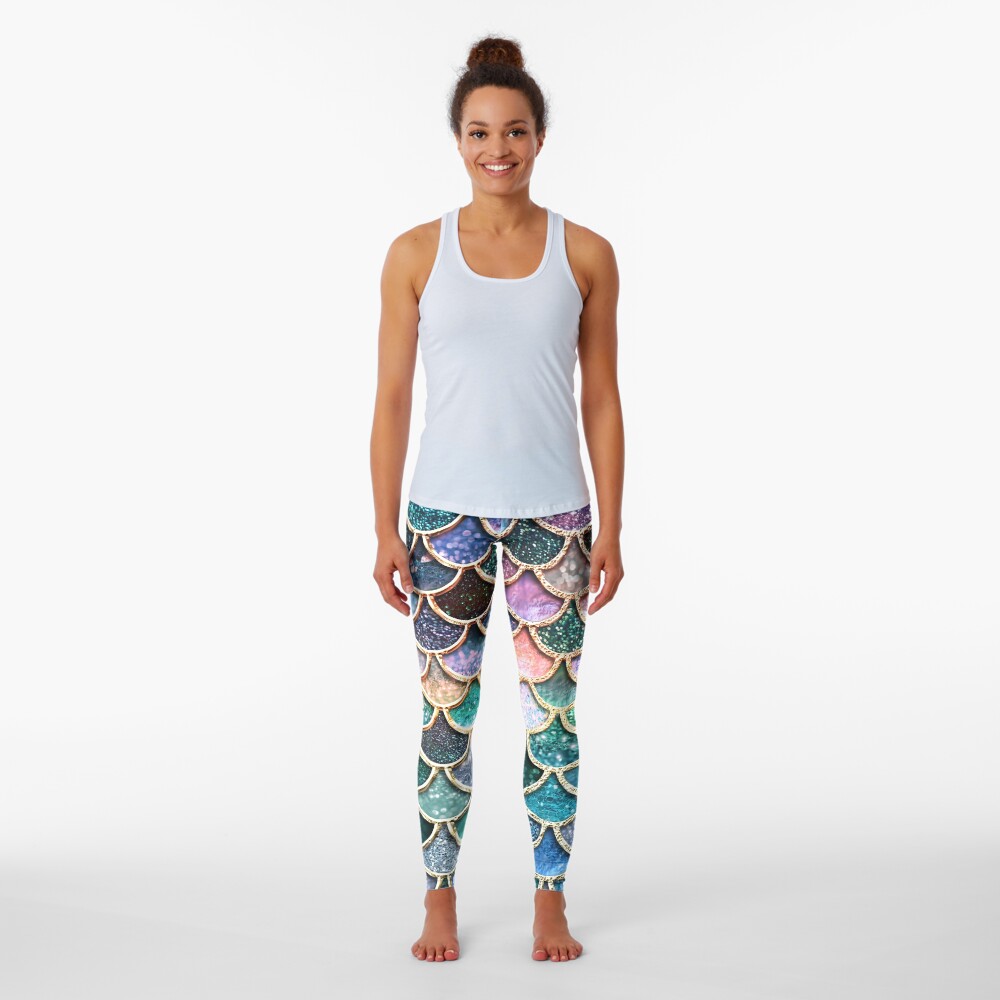 Teal, Silver and Pink Sparkle Faux Glitter Mermaid Scales Leggings