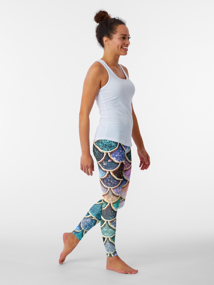 Alternate view of Teal, Silver and Pink Sparkle Faux Glitter Mermaid Scales Leggings