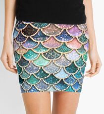 Teal, Silver and Pink Sparkle Faux Glitter Mermaid Scales Mini Skirt