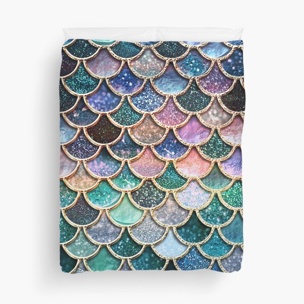Teal, Silver and Pink Sparkle Faux Glitter Mermaid Scales Duvet Cover