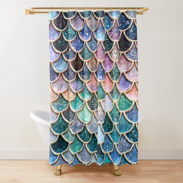 Teal, Silver and Pink Sparkle Faux Glitter Mermaid Scales Shower Curtain