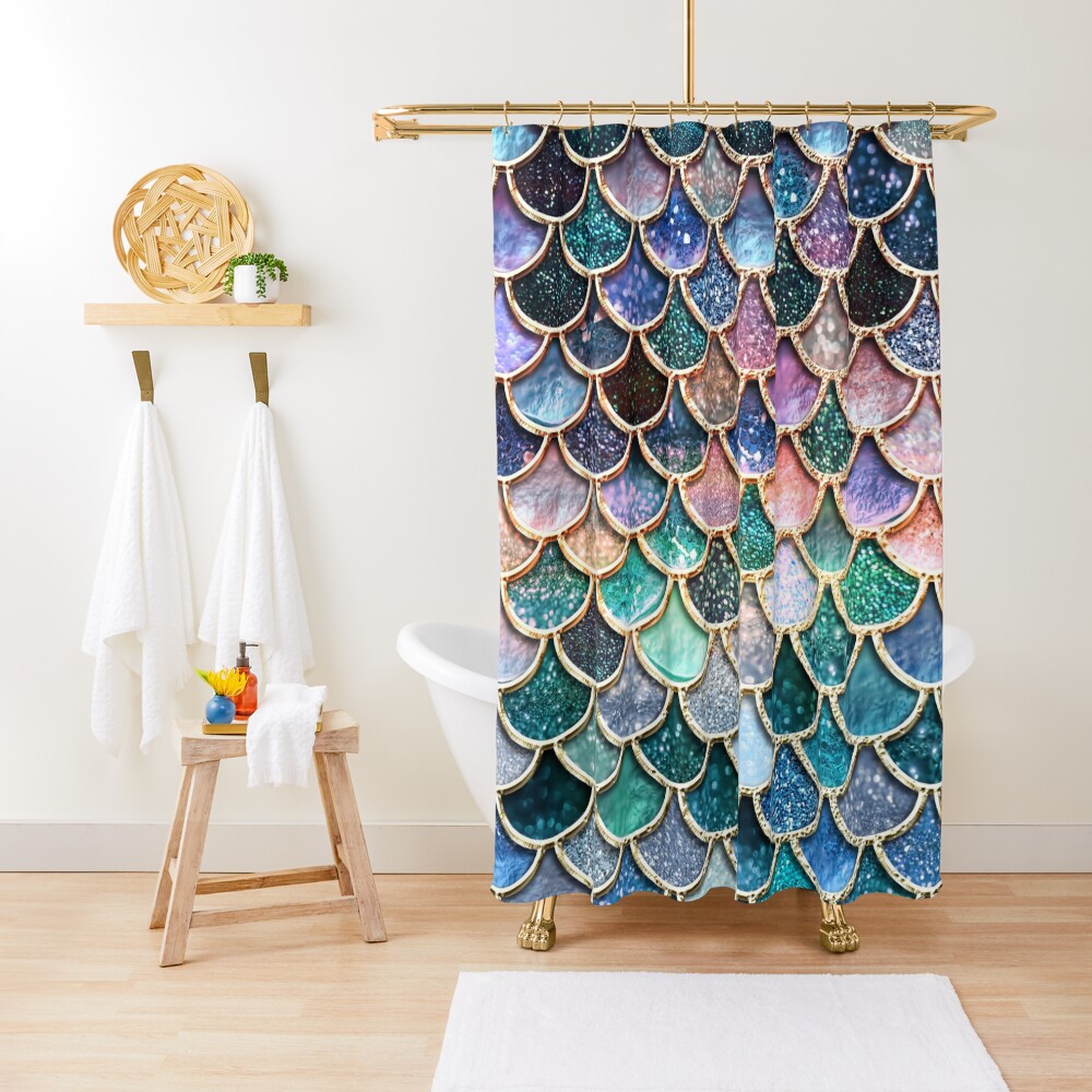 Teal, Silver and Pink Sparkle Faux Glitter Mermaid Scales Shower Curtain