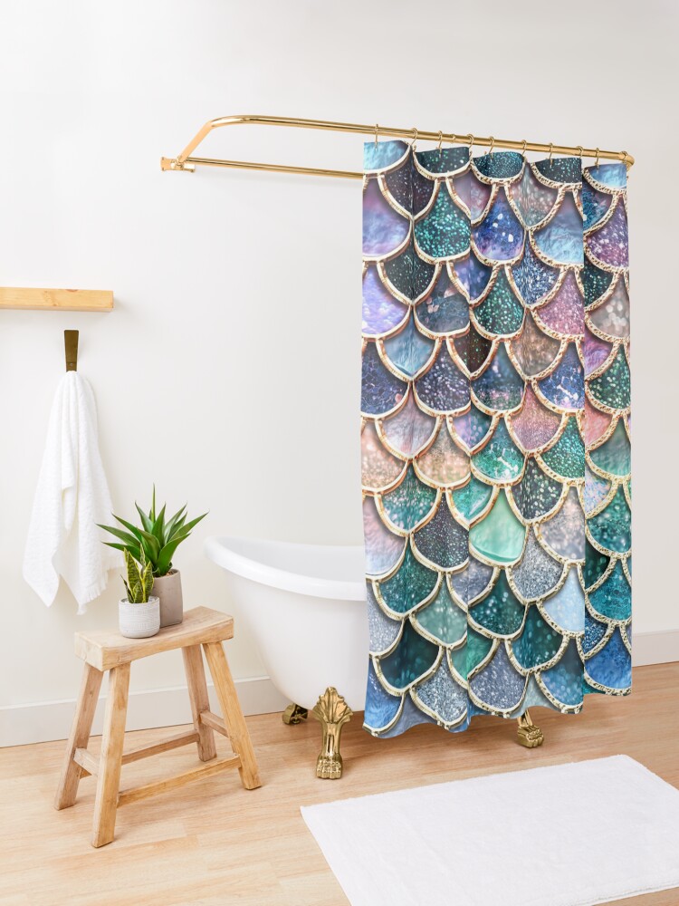 Alternate view of Teal, Silver and Pink Sparkle Faux Glitter Mermaid Scales Shower Curtain