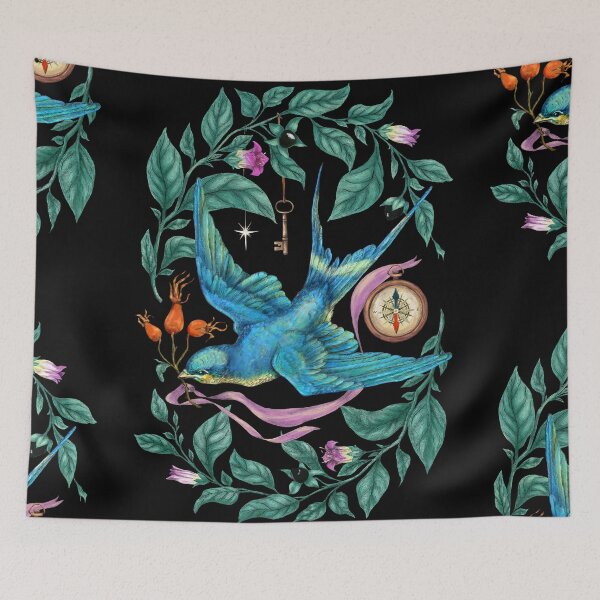 Item preview, Flying swallow and Nightshade. Black background. designed and sold by Sitenkovamary.