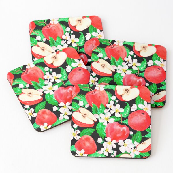 Item preview, Kitchy Vintage 1940-1950 Apple & Red Apple Blossom Pattern Black Background - Mid Century Style Design Aesthetic designed and sold by jamie Omahen.