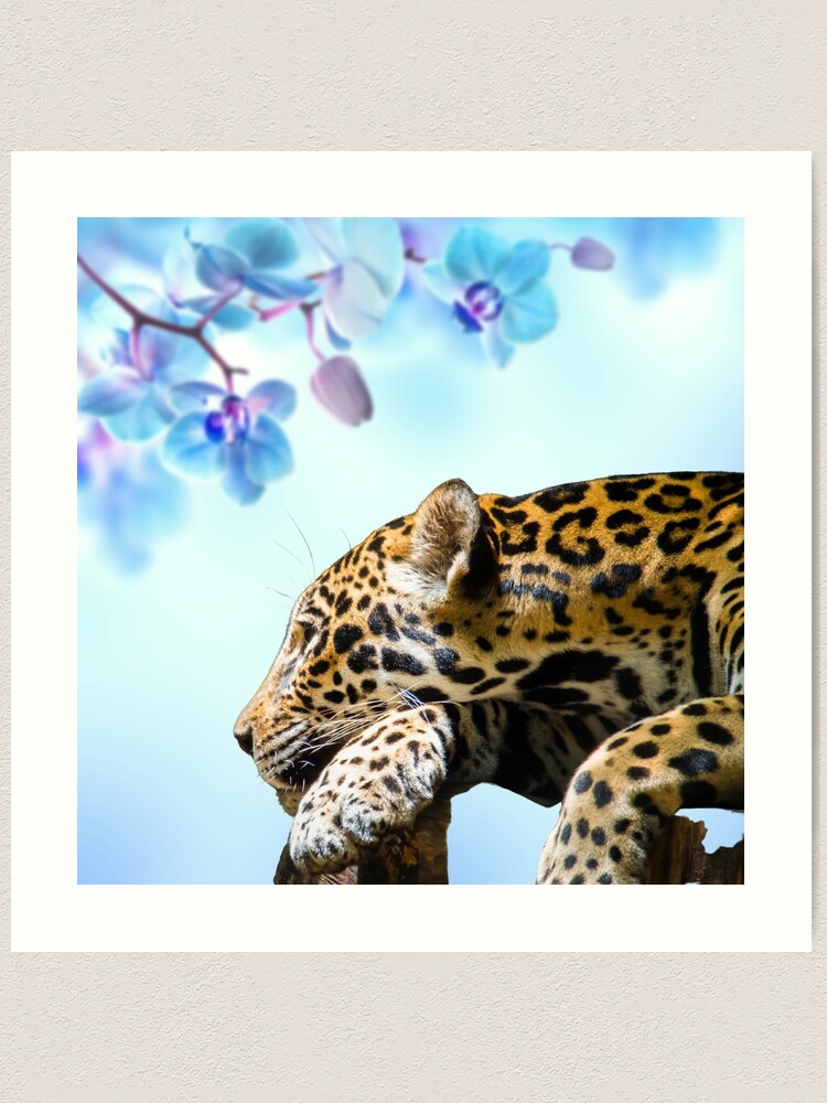 Watercolor Leopard Portrait on a Green Abstract Jungle Background