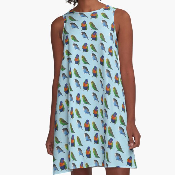 Blue bird budgie parrot pattern A-Line Dress