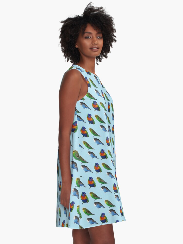 Alternate view of Blue bird budgie parrot pattern A-Line Dress