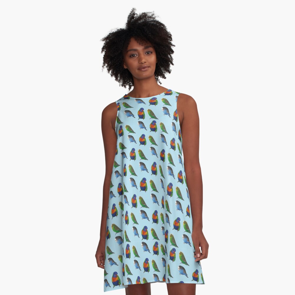 Blue bird budgie parrot pattern A-Line Dress