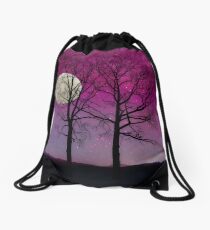 Solitude II Harvest Moon, trees, pink opal sky stars Drawstring Bag