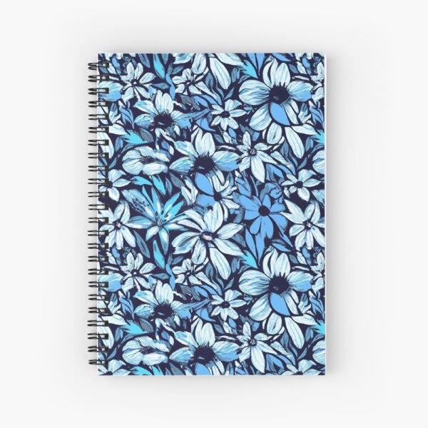 Blue Flowers on Dark Background Spiral Notebook