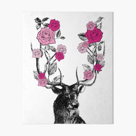 The Stag and Roses | Deer and Roses | Stag and Flowers | Deer and Flowers | Vintage Stag | Antlers | Woodland | Highland | Pink | Art Board Print