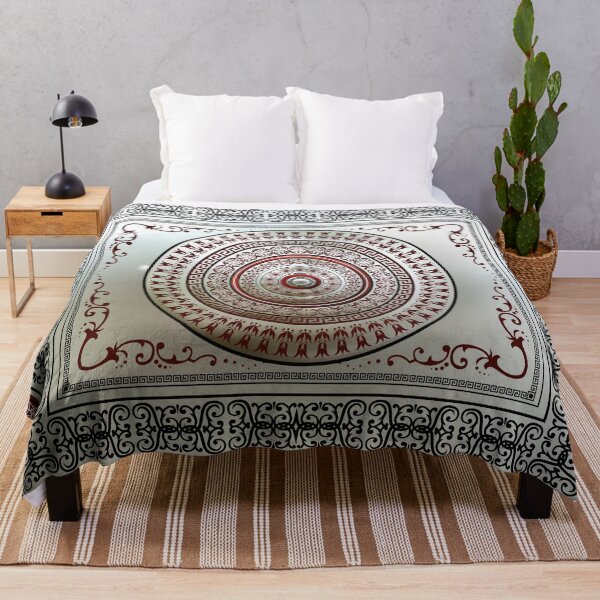 Greek Key Meander Red Silver Medallion Throw Blanket
