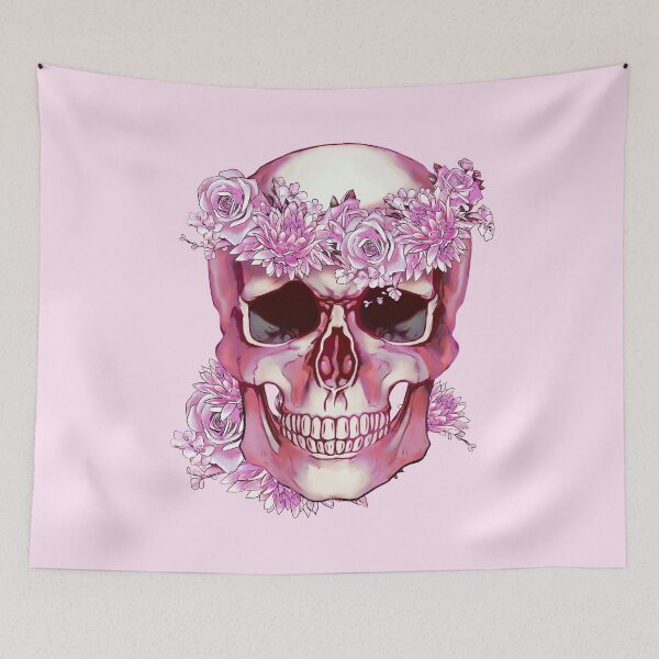 Item preview, Floral Skull pink purple watercolor with with floral crown of roses and chrysanthemums  designed and sold by Collagedream.