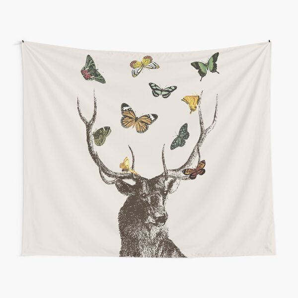 The Stag and Butterflies | Deer and Butterflies | Vintage Stag | Antlers | Woodland | Highland |  Tapestry