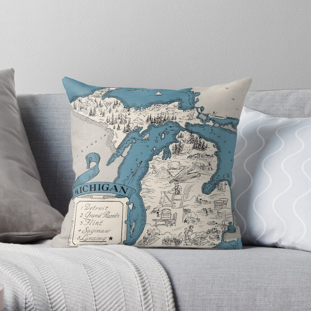 Vintage 1926 Michigan state map - Christmas gift idea Throw Pillow