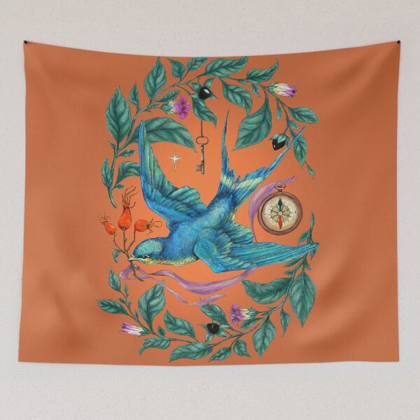 Item preview, Flying swallow and Nightshade. Orange background. designed and sold by Sitenkovamary.