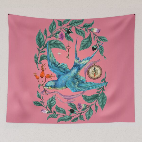 Item preview, Flying swallow and Nightshade. Pink background. designed and sold by Sitenkovamary.
