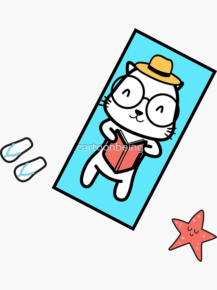 Thumbnail 3 of 3, Sticker, Summer Bookworm Cat designed and sold by cartoonbeing.