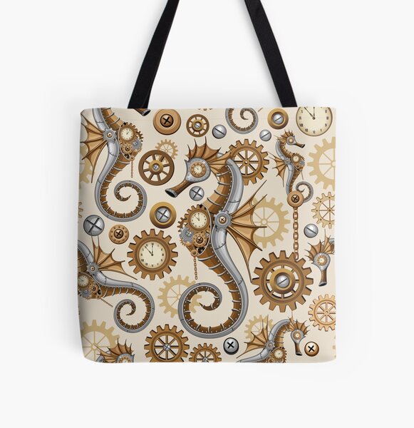 Steampunk Seahorse Vintage Surreal Art All Over Print Tote Bag