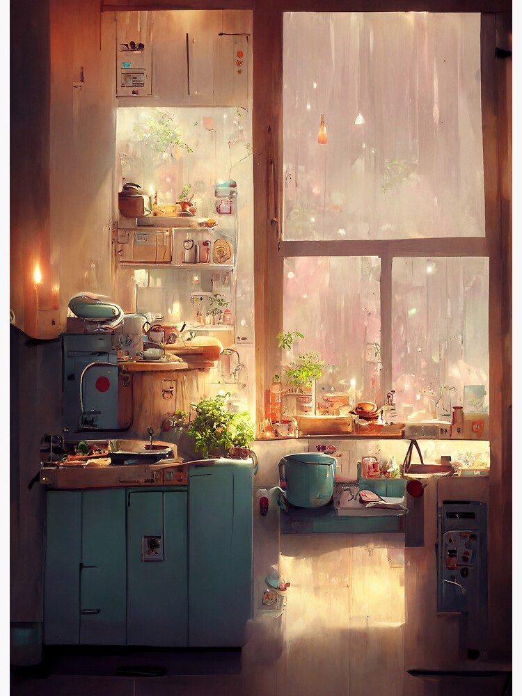 L shaped kitchen in anime style