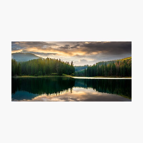 pine forest and lake near the mountain early in the morning Photographic Print