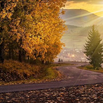 Artwork thumbnail, mountain road to village in mountains at sunset by mike-pellinni