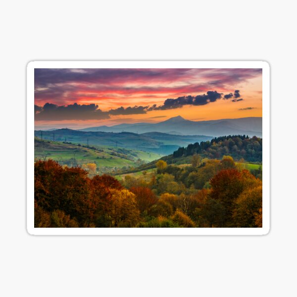 autumn forest on a  mountain hill at sunset Sticker