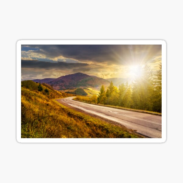 mountain road near the coniferous forest with cloudy sky at sunset Sticker