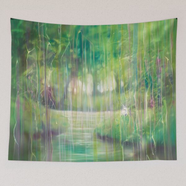 Item preview, Emanation is a semi-abstract contemporary green painting of a white egret on a river bank designed and sold by Gill Bustamante.
