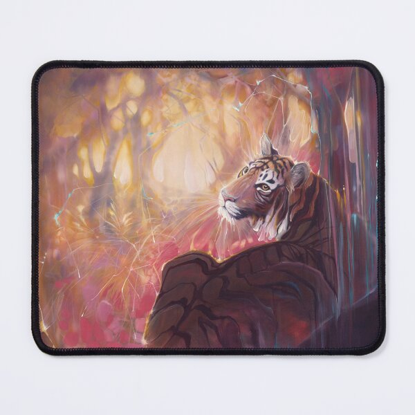 Item preview, Spellbound Tigress is an oil painting of a semi abstract tiger hiding in a forest. designed and sold by Gill Bustamante.