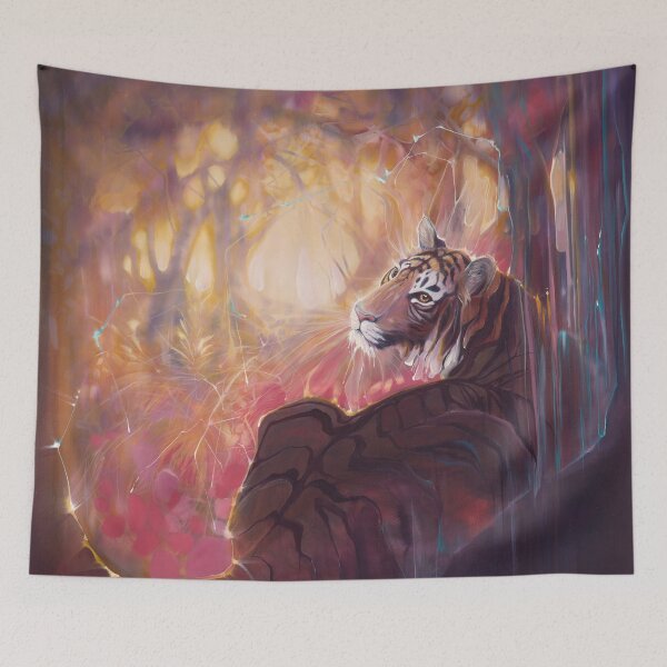 Item preview, Spellbound Tigress is an oil painting of a semi abstract tiger hiding in a forest. designed and sold by Gill Bustamante.