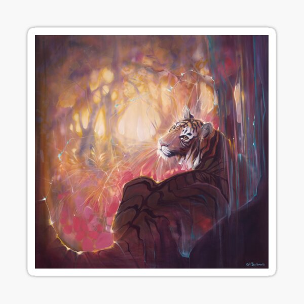 Spellbound Tigress is an oil painting of a semi abstract tiger hiding in a forest. Sticker