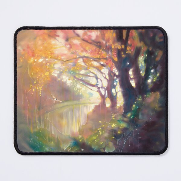 Item preview, A Lingering Magic is an oil painting on canvas of an autumn woodland walk with a swallow. designed and sold by Gill Bustamante.