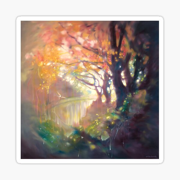 A Lingering Magic is an oil painting on canvas of an autumn woodland walk with a swallow. Sticker