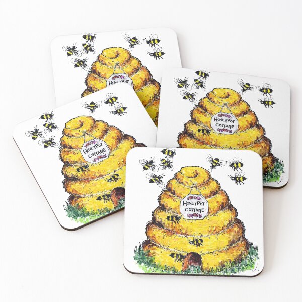 Item preview, Honet Pot Cottage. A straw beehive, or skep, on grass with several bees flying around. Acrylic on art paper. designed and sold by janesg.