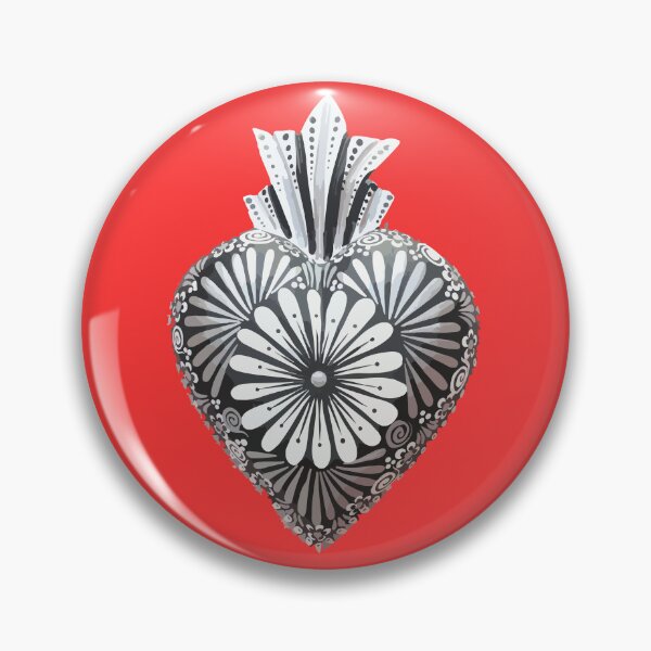 Item preview, Mexican wooden heart Oaxacan wood carving hand painted flower milagrito red  black and white folk art interior design decoration designed and sold by T-Mex.