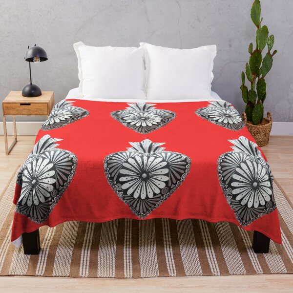 Item preview, Mexican wooden heart Oaxacan wood carving hand painted flower milagrito red black and white folk art interior design decoration designed and sold by T-Mex.