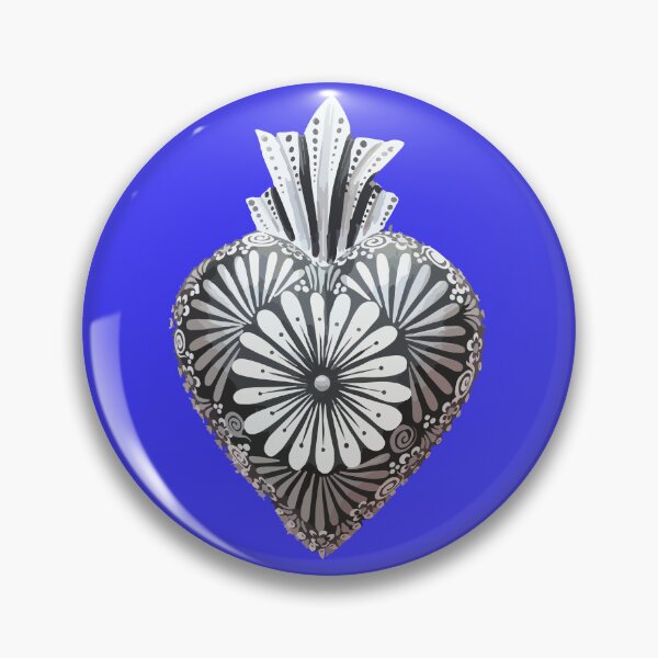 Item preview, Mexican wooden heart Oaxacan wood carving hand painted flower milagrito royal blue black and white folk art interior design decoration designed and sold by T-Mex.