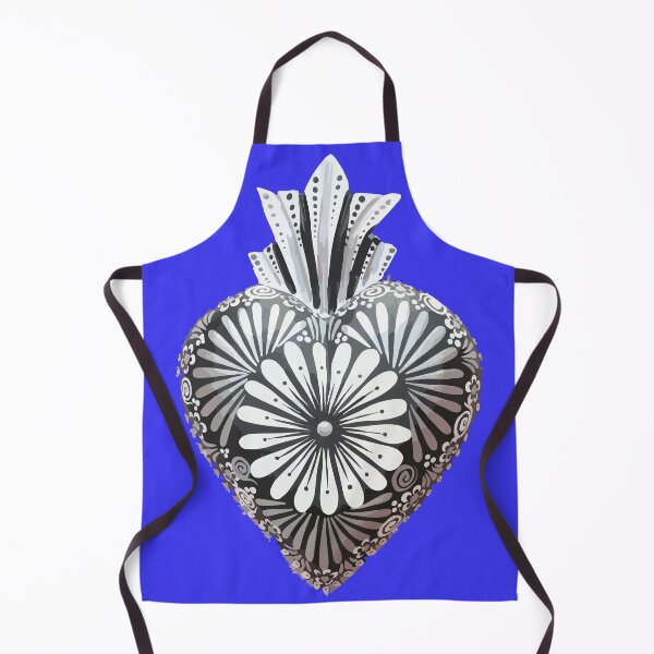 Item preview, Mexican wooden heart Oaxacan wood carving hand painted flower milagrito royal blue black and white folk art interior design decoration designed and sold by T-Mex.