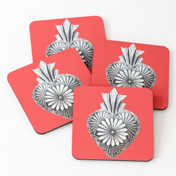 Item preview, Mexican wooden heart Oaxacan wood carving hand painted flower milagrito red  black and white folk art interior design decoration designed and sold by T-Mex.