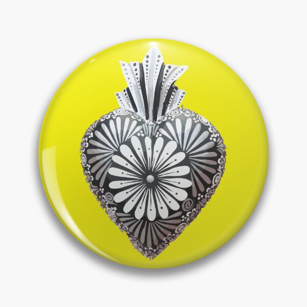 Item preview, Mexican wooden heart Oaxacan wood carving hand painted flower milagrito yellow black and white folk art interior design decoration designed and sold by T-Mex.