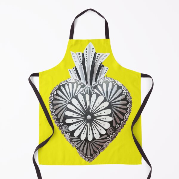 Item preview, Mexican wooden heart Oaxacan wood carving hand painted flower milagrito yellow black and white folk art interior design decoration designed and sold by T-Mex.