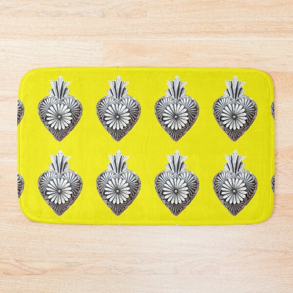 Item preview, Mexican wooden heart Oaxacan wood carving hand painted flower milagrito yellow black and white folk art interior design decoration designed and sold by T-Mex.