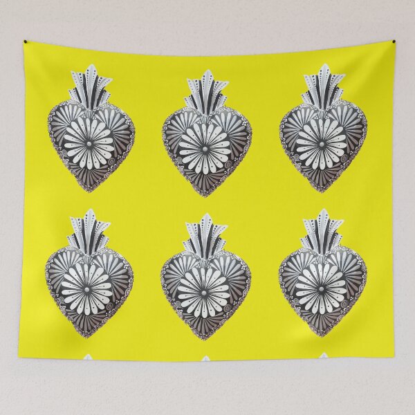 Item preview, Mexican wooden heart Oaxacan wood carving hand painted flower milagrito yellow black and white folk art interior design decoration designed and sold by T-Mex.