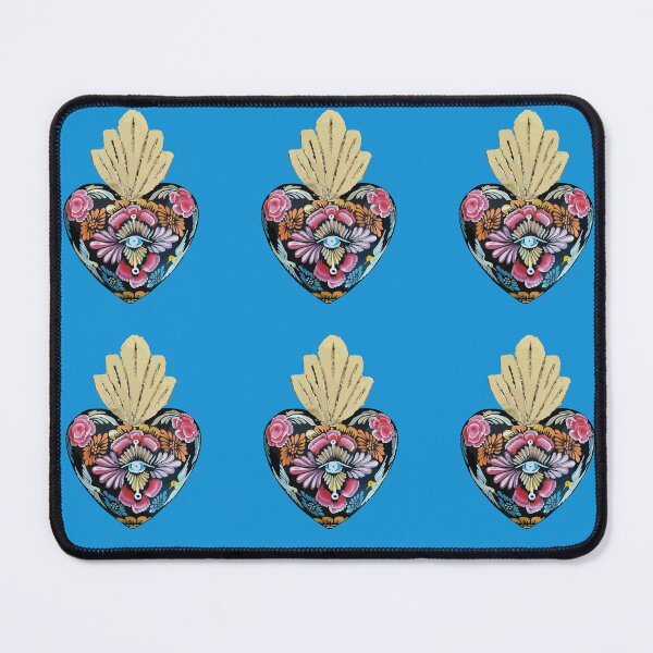 Item preview, Mexican wooden heart Oaxacan wood carving hand painted flower evil eye milagrito folk art interior design sky blue decoration designed and sold by T-Mex.