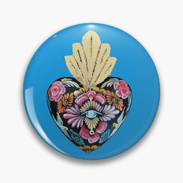 Item preview, Mexican wooden heart Oaxacan wood carving hand painted flower evil eye milagrito folk art interior design sky blue decoration designed and sold by T-Mex.