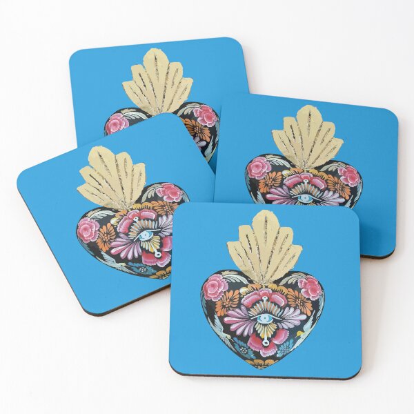 Item preview, Mexican wooden heart Oaxacan wood carving hand painted flower evil eye milagrito folk art interior design sky blue decoration designed and sold by T-Mex.