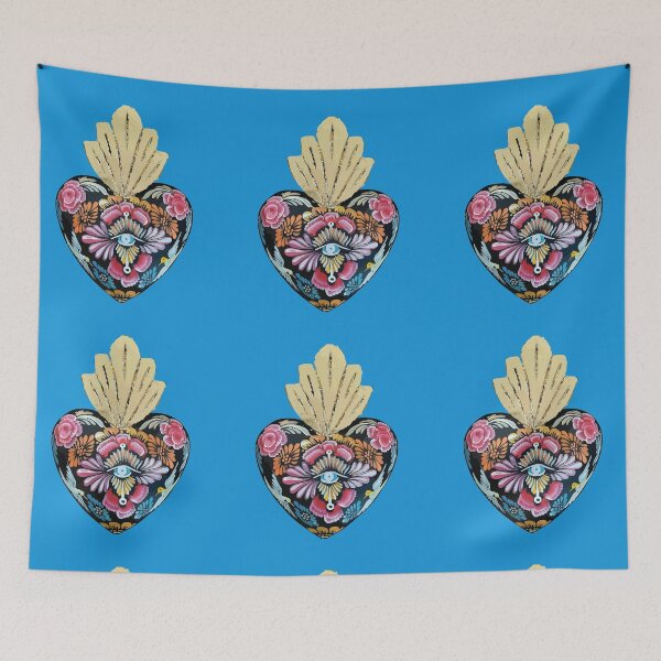 Item preview, Mexican wooden heart Oaxacan wood carving hand painted flower evil eye milagrito folk art interior design sky blue decoration designed and sold by T-Mex.