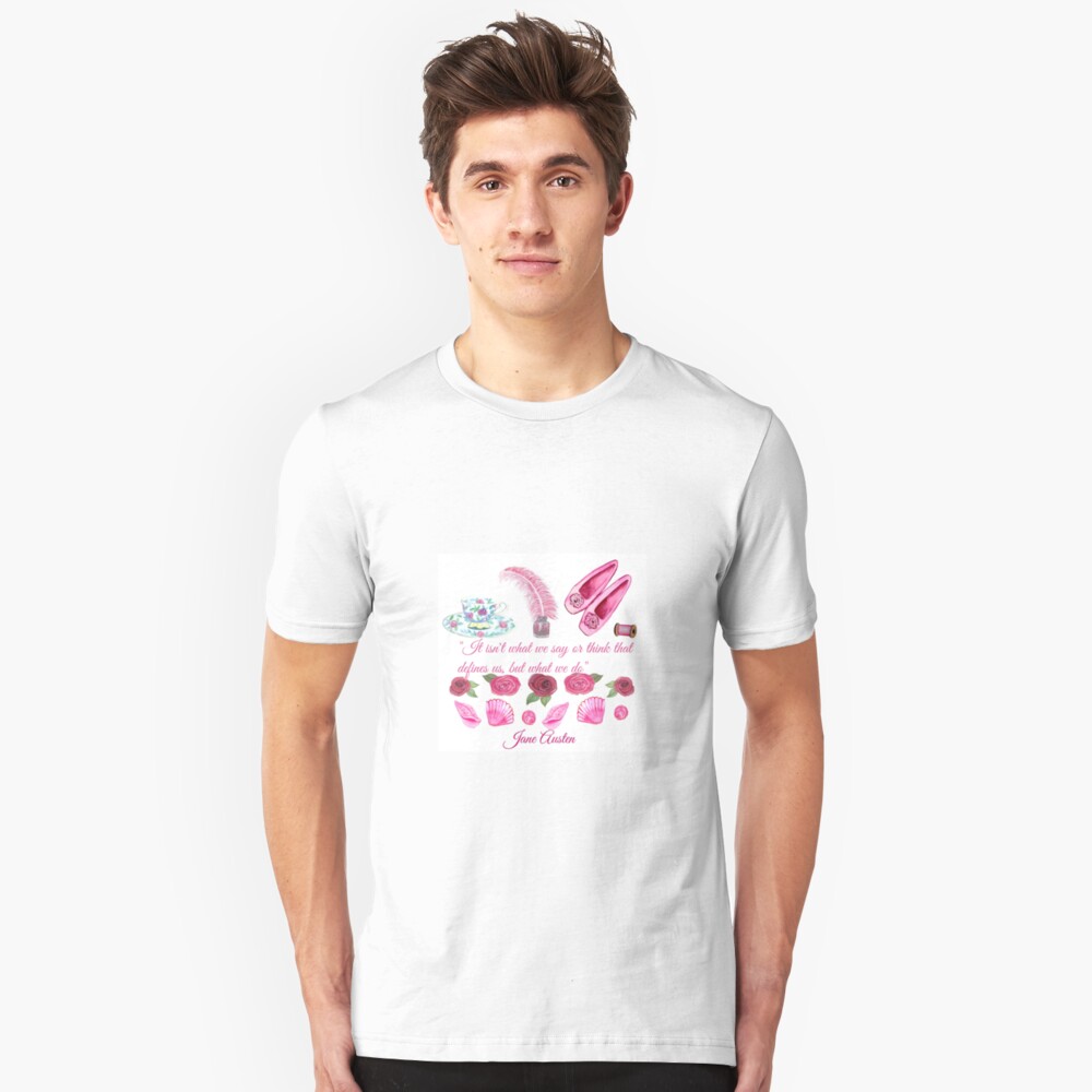 Jane Austen quote and shoes, pen and teacup Slim Fit T-Shirt
